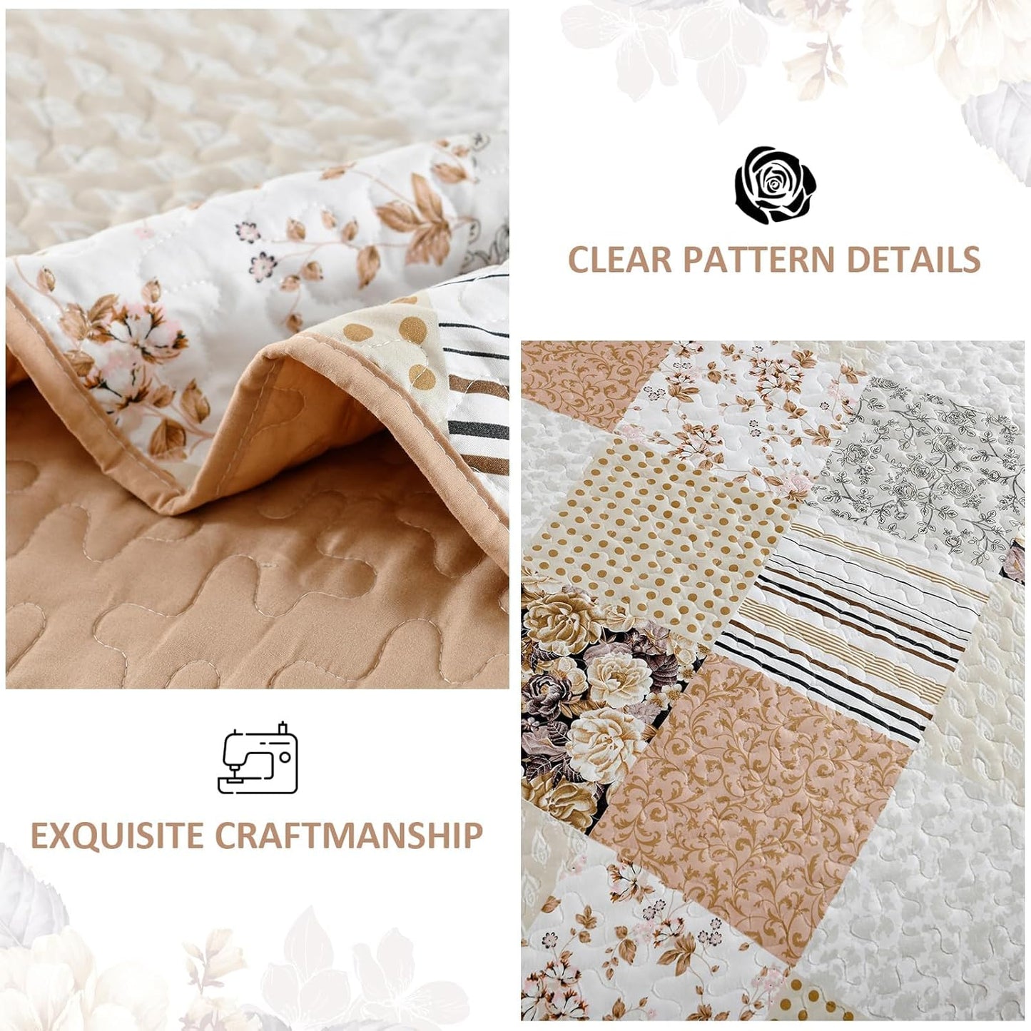 Dobuyly Fall Quilt Queen Size Set, Beige and Brown Floral Plaid Patchwork Bedspread Reversible Coverlet Set 3 Pieces, Soft Lightweight Microfiber Bedding Set for All Season, 96"x90"