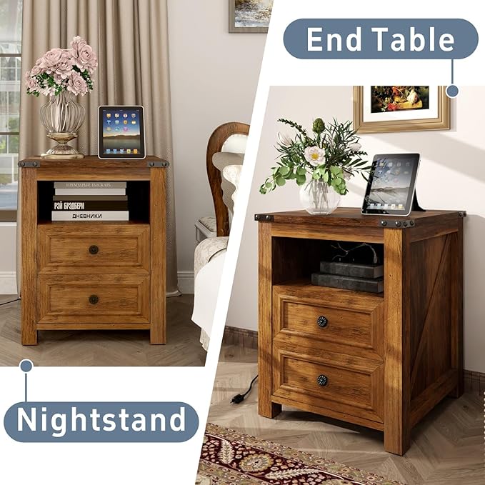 MUUEGM Farmhouse End Table with Charging Station, Side Table for Living Room, Sofa Side Table with Drawers and Storage Cabinet, Night Stand for Bedroom, Brown, Set of 2