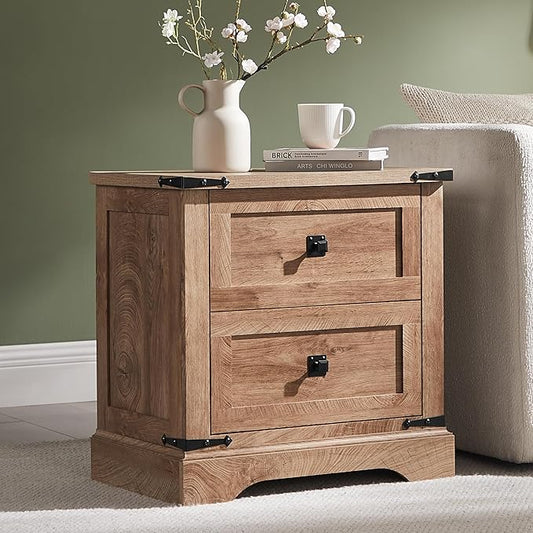 T4TREAM 24" Farmhouse Nightstand with Charging Station, Large End Table with 2 Storage Drawers, Rustic Wood Sofa Bedside Table for Bedroom, Light Knotty Oak