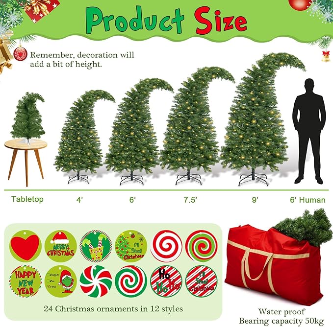 Syhood 7.5ft Bendable Christmas Tree Pre-Lit Whimsical Christmas Bent Top Artificial Xmas Tree with LED Lights Ornament Bag, Green