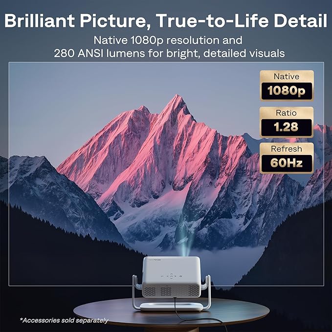 Aurzen Roku TV Smart Projector with Wifi and Bluetooth, Roku Streaming Experience Built-in, 1080P FHD, Dolby Audio, Auto Focus & Keystone, Zoom, Movie Portable Outdoor Mini Projector, Silver