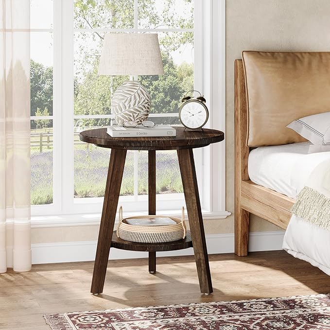 Solid Wood Round End Table, Sofa Side Table with Storage Shelf, Farmhouse Nightstand for Living Room, Bedroom, Easy Assembly (Dark Brown, 1 PC)