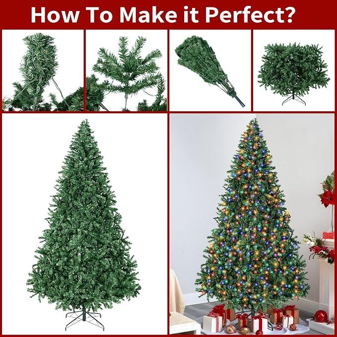 ININ 8FT Prelit Christmas Spruce Artificial Tree with Led Lights, Lighted Christmas Tree，Hinged Full Xmas Tree for Home Party Decoration,750 LED Lights,2168 Branch Tips, Metal Hinges & Foldable Base.