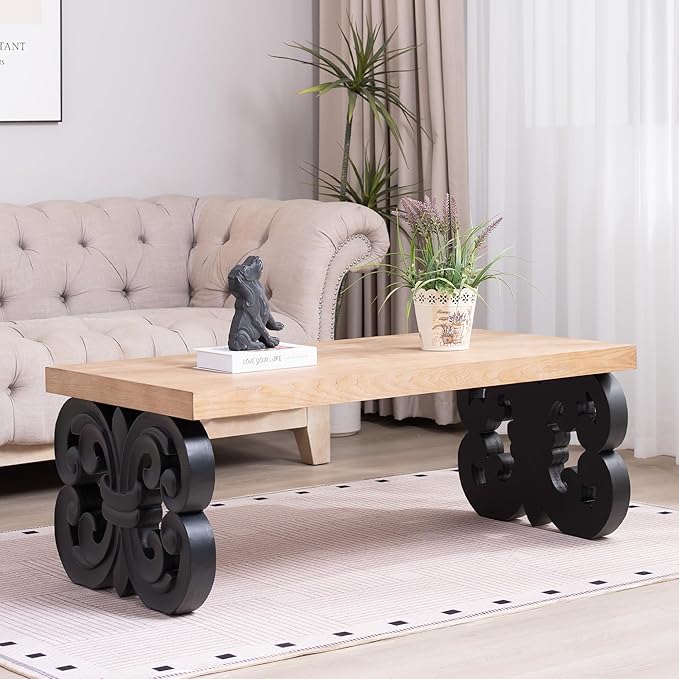 Rectangular Coffee Table with Natural Wood Top, Rustic Wooden Center Table with Black Carved Base, Farmhouse Tea Table for Living Room Office Apartment,47.2" L x 23.6" W x 18" H