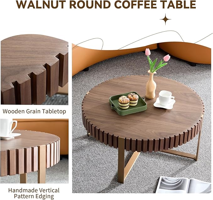 LKTART 31.5'' Round Coffee Table for Living Room, Solid Wood Handcraft Drum Coffee Table, Wooden Felief Coffee Table, Stainless Steel Legs Sturdy Pedestal Tea Table, Apartment Small Space,Walnut