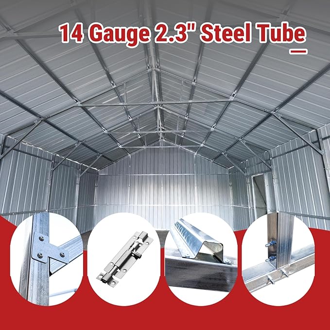 22x23 FT Outdoor Metal Garage Shed with 14-Gauge Steel Frame, 26-Gauge Panels & Side Door, Heavy-Duty Prefab Steel Building for Two Cars,Workshop, Farm Equipment & Tractor Shelter（White）