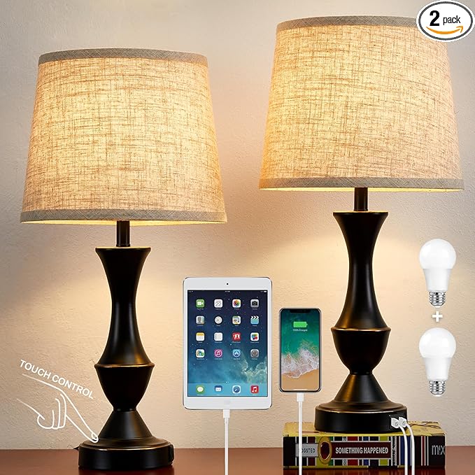 Luvkczc Upgraded Touch Table Lamps Set of 2, 22" Tall Bedside Lamps with USB C+A Ports, Dimmable Nightstand Lamps for Bedroom, Living Room, Office, Black Lamp with Beige Lampshade, Bulb Included
