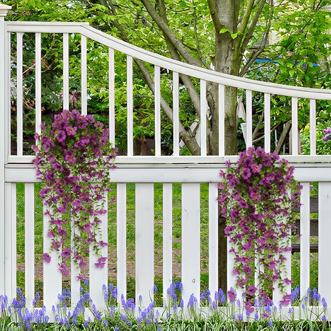 EROCK Artificial Flowers for Outdoors, 4PCS Fake Silk Hanging Flowers for Decoration UV & Fading Resistant, Realistic Faux Plants & Flowers for Porch Patio Balcony Window Box Home Decor (Purple)