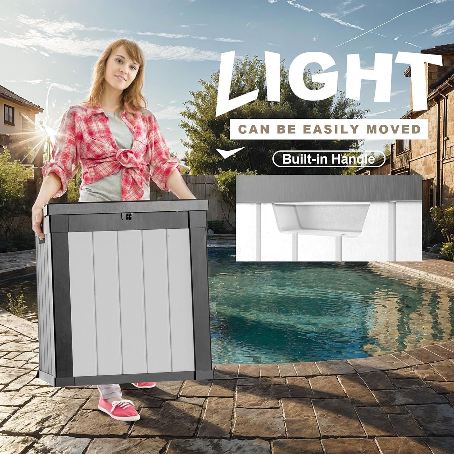 50 Gallon Outdoor Deck Box,Storage Lockable Waterproof Patio Furniture,Garden Tools,Cushions,Pool Accessories Outside Storage Resin Box(SM Black&White)