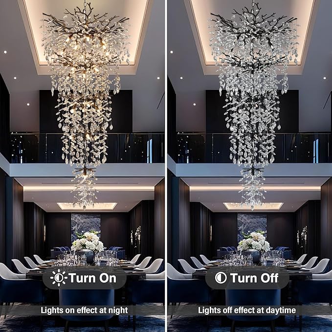 YUYI 63" Long Crystal Chandelier for High Ceiling, 28-Light Black Tree Branch Chandelier, Modern Large Chandeliers for Staircase, Foyer, Entryway, Living Room, 5-Tier Luxury K9 Raindrop Light Fixture