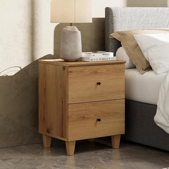 WAMPAT Nightstands with Charging Station & 2 Drawers for Bedroom, Modern End Tables Farmhouse Wood Bedside Table with 2 AC Outlets & USB Ports for Living Room, Oak Brown