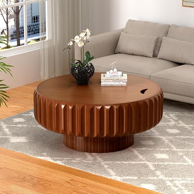 31.5in Drum Coffee Table with Storage Modern Unique Fluted Tea Table Contemporary Round Coffee Table with Fluted Center Table for Small Space Apartment(31.5in)