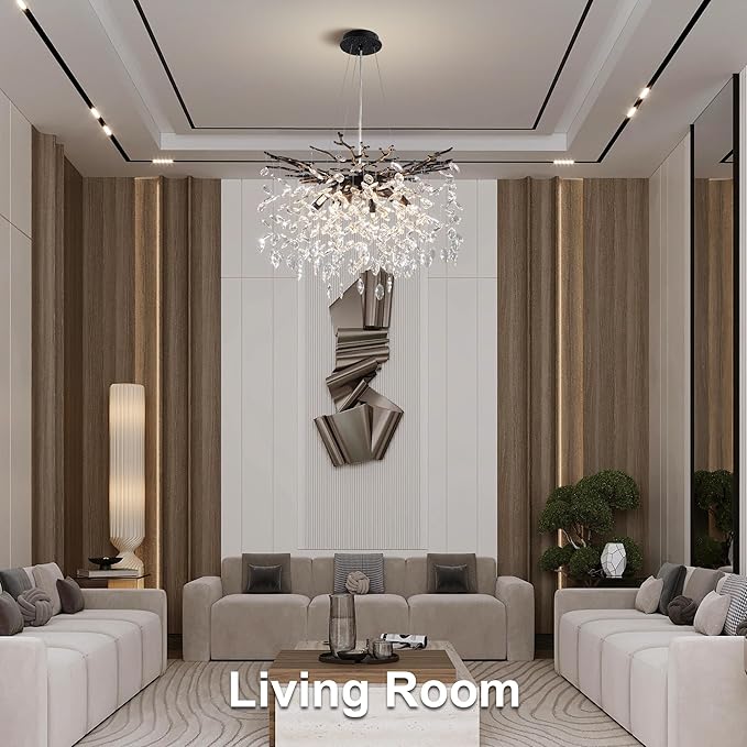 YUYI 23.6" Black Chandelier, 8-Light Modern Crystal Tree Branch Chandelier for Dining Room, Contemporary Luxury Round Raindrop Pendant Light Fixture for Living Room, Foyer, Entryway, Kitchen, Bedroom