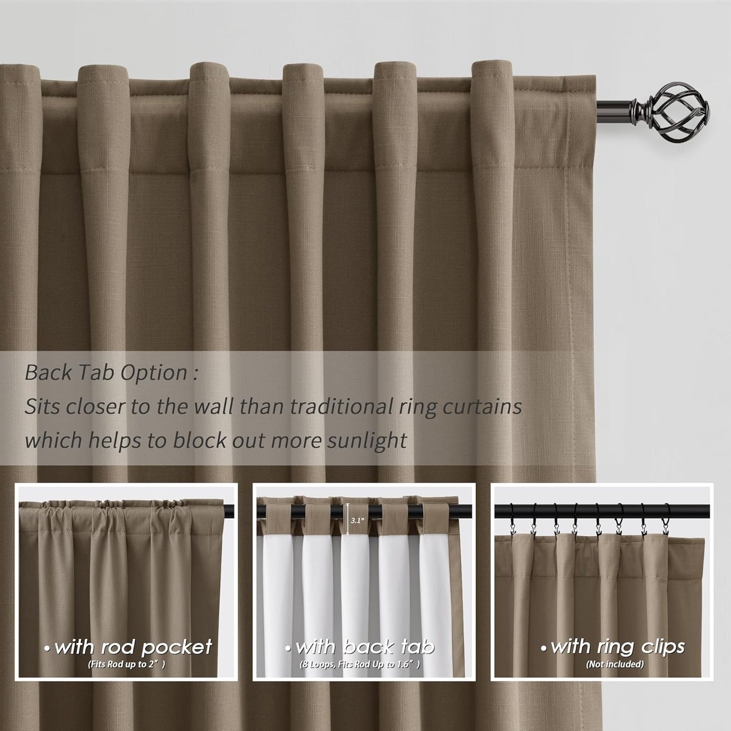 BOODII Full Blackout Curtains 90 Inches Long Room Darkening Curtain for Bedroom Sliding Door Thermal Insulated Black Out Curtains & Drapes Dark Brown Neutral Linen 2 Panels Set Back Tab 52x90