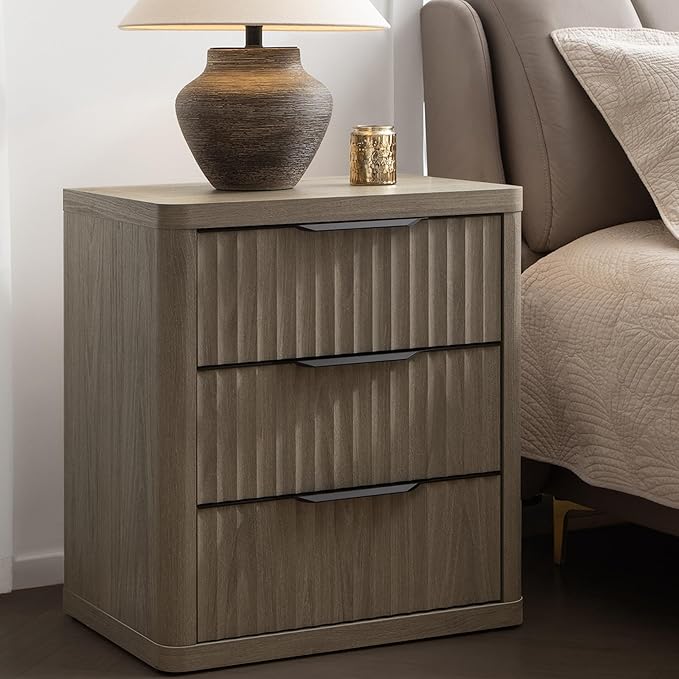 SICOTAS Night Stand Nightstand with 3 Drawers Storage Bedside Table Large Fluted Bed Side End Table Modern 25.6" Tall Wide Night Stands for Bedroom Living Room Sofa Couch Home Office, Grey Alder