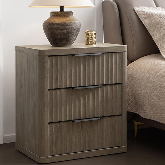 SICOTAS Night Stand Nightstand with 3 Drawers Storage Bedside Table Large Fluted Bed Side End Table Modern 25.6" Tall Wide Night Stands for Bedroom Living Room Sofa Couch Home Office, Grey Alder
