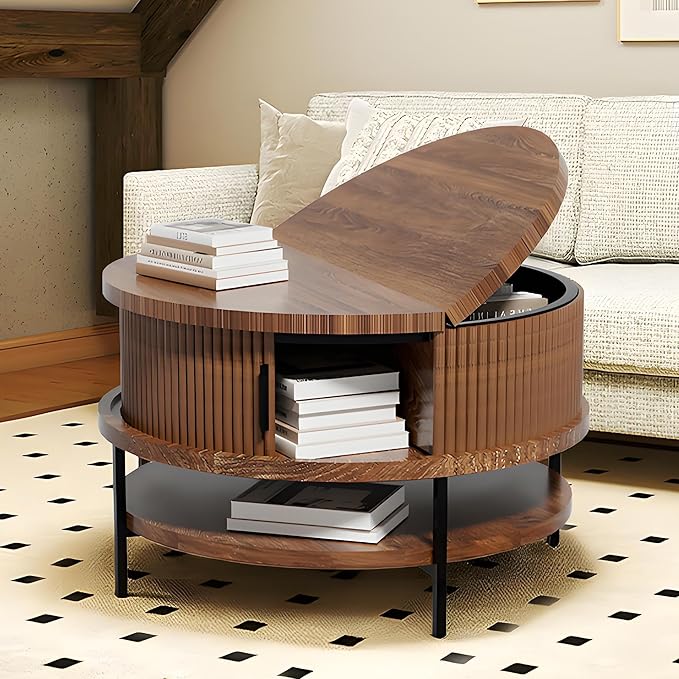 AQY Round Flip Top Coffee Table with Storage, 31.4" Multifunctional Wooden Center Table with Large Hidden Compartment & Open Shelves, Modern Coffee Table for Living Room, Office, Assembly Required