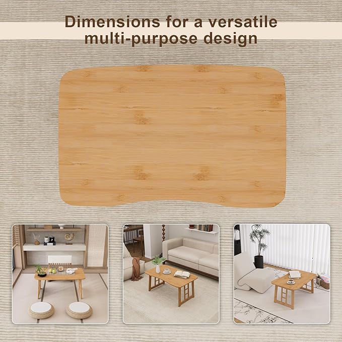 Folding Coffee Table for Living Room, 31.5 in Foldable Floor Table, Bamboo Low Coffee Tables for Small Spaces, No Assembly, Lightweight Simple Storage for Apartment, Sunroom (Wood)
