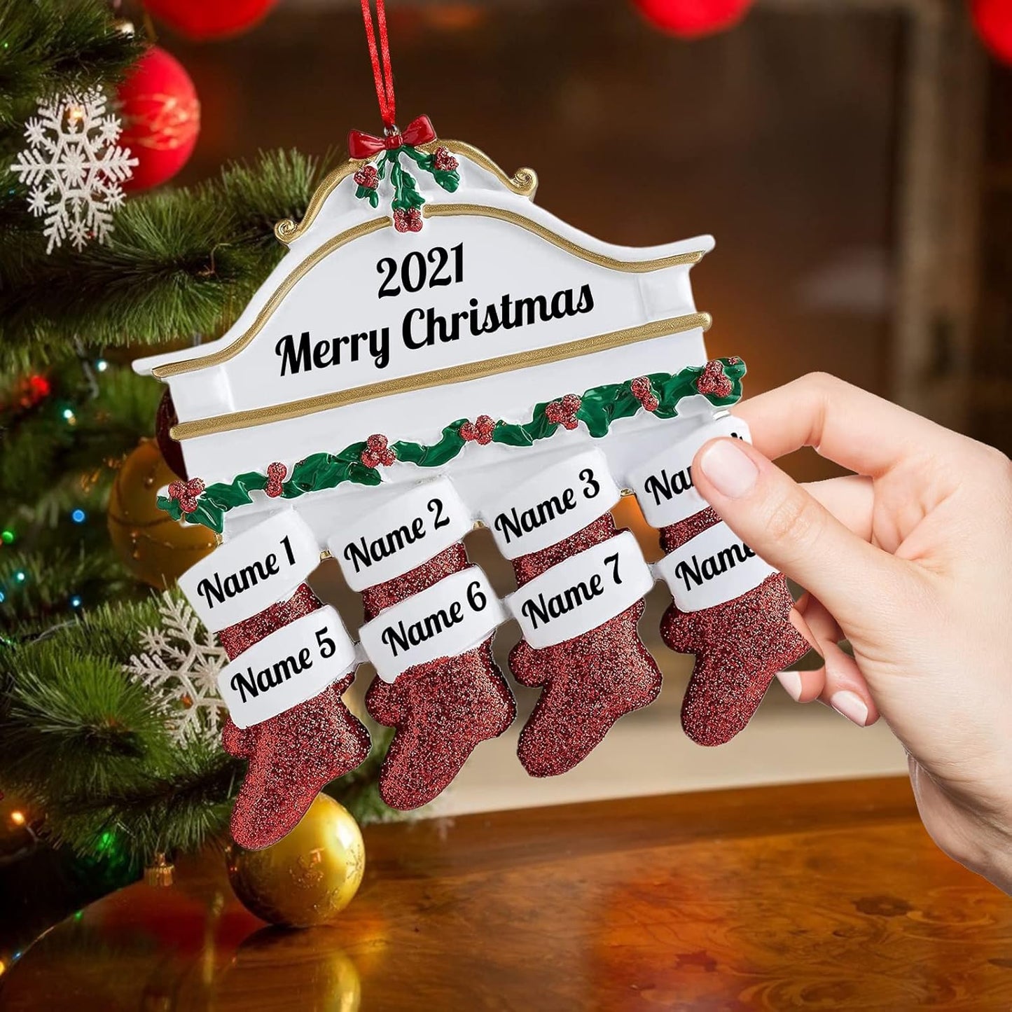 Amlion Personalized Ceramic Christmas Stocking Ornaments, Family of 2-8, Custom Names, Traditional Style, Christmas Occasion