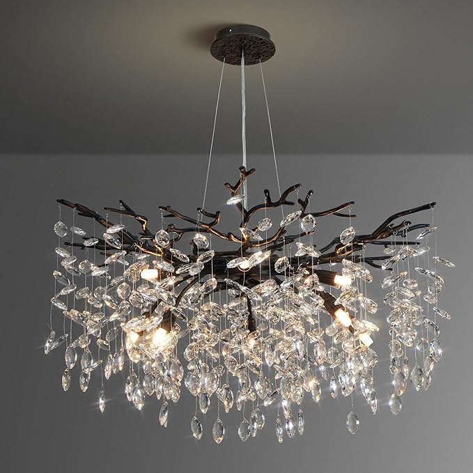 YUYI 30" Black Crystal Chandelier, 10-Light Tree Branch Chandelier for Dining Room, Luxury Round K9 Crystal Raindrop Chandeliers Light Fixture for Living Room Foyer Entryway Bedroom Kitchen