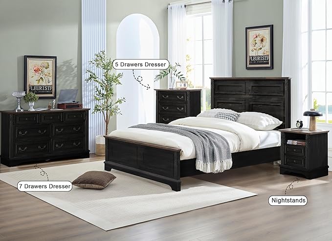 Farmhouse Nightstand wtih Charging Station, 20" End Table with 2 Drawers, Night Stand Side Table Storage Cabinet with Carved Pilasters for Bedroom,Wood Rustic, Black