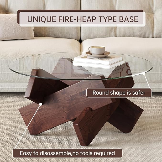Walnut Round Glass Coffee Table,33-Inch Coffee Tables for Living Room Clear Circle Accent Table Adapts to Farmhouse and Contemporary Decor