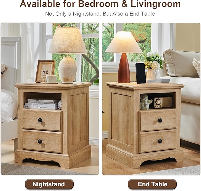 T4TREAM Nightstand with Charging Station Set of 2, Wood Rustic Sofa Side Table with Open Storage Shelf for Bedroom, 18 Inch Vintage End Table with 2 Drawers for Living Room, Natural Oak