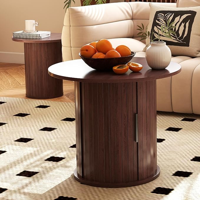 COSVALVE Round Wood Fluted End Table, 15.7“ Circle Farmhouse Side Table Sets for Living Room, Bedroom, Balcony, Small Spaces, Walnut
