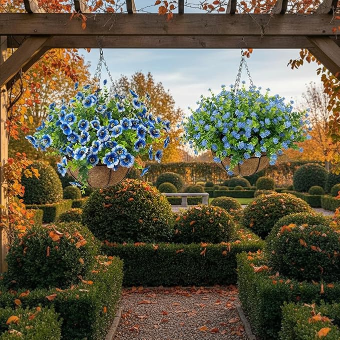 Artificial Hanging Plants Flowers with Basket 2 Packs, Artificial Hanging Flowers for Outdoors, Faux Hanging Plants Outdoor, Blue Fake Flowers