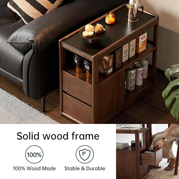 100% Solid Wood Side Table with Wheels, Narrow Side Table with Storage Drawers, Rolling Bedside Table for Bedroom Living Room Space Saving (Walnut, 11.81" D x 26.77" W x 23.23" H)