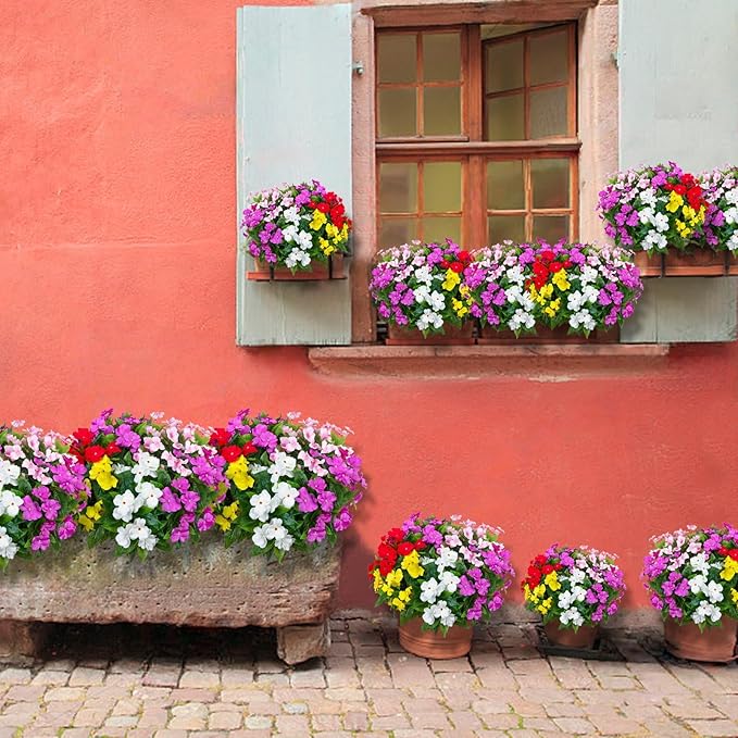 5PCS Artificial Impatiens Bouquet Flowers for Outdoors Silk Faux Flowers Fake Planters UV Resistant Summer Indoor Decor Garden Porch Patio Window Balcony (Mix Pink Red Purple Yellow White)
