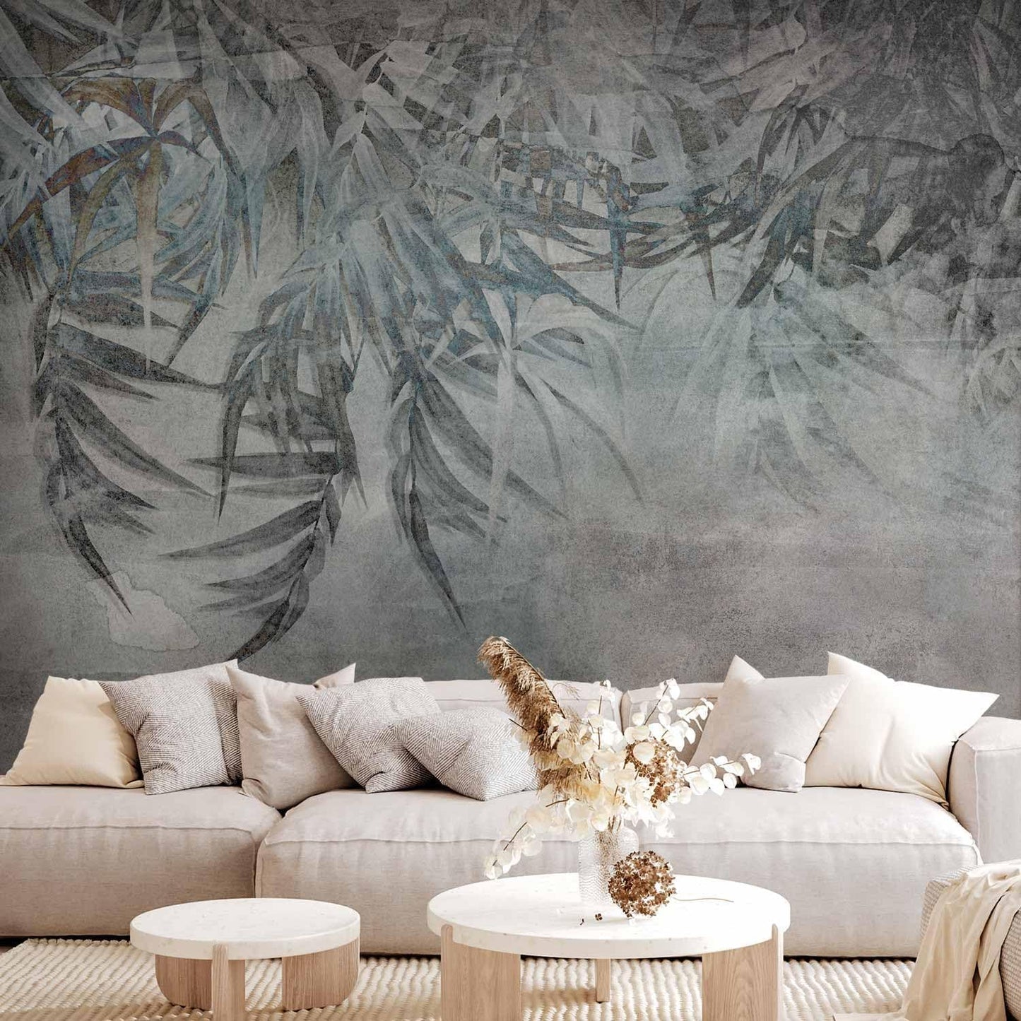 artgeist Premium Wall Mural Leaves 157x110 in - XXL Non-Woven Wallpaper Fleece Wall Decor Photo Print Picture Image Design Palm Leaves Concrete Nature Grey b-C-10103-a-a