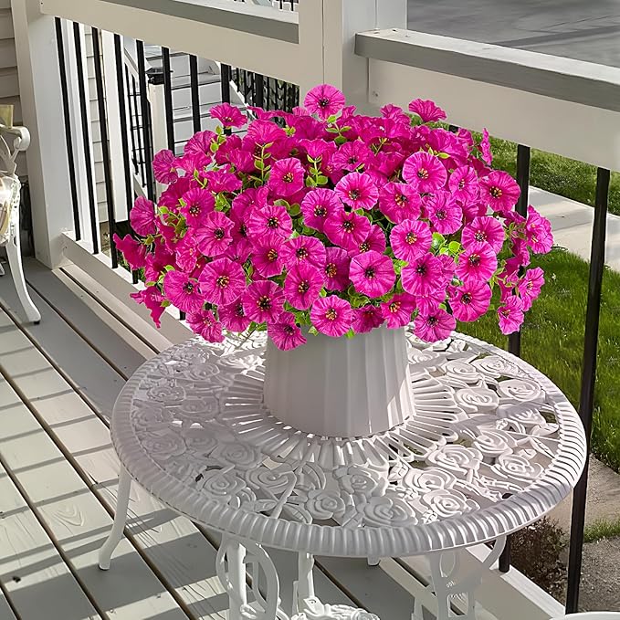 Artificial Flowers for Outdoors Decoration, 10 Bundles Fake Plastic Flower Plant, Faux Colorful Silk Morning Glory Eucalyptus for Outside Garden Porch Front Door Decor, Purple