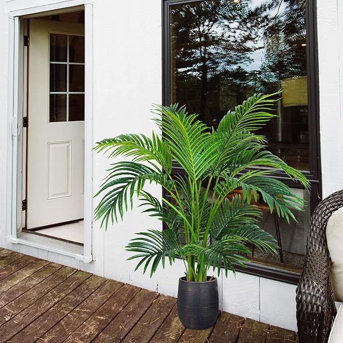 Worth Garden 4ft Artificial Areca Palm Plant, Fake Cane Palm Silk Tree Indoor Outdoor, Dypsis Lutescens, 47in Realistic Faux Silk Plants for Office Decoration