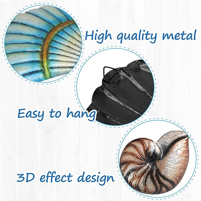 Weibefee 3 Pcs Metal Beach Wall Decor Sea Star Shell Conch Metal Christmas Decor Ocean Theme Marine Coastal Bathroom Christmas Decorations Gift Rustic Cottage Nautical Wall Art for Office Home Living Room Nursery Room