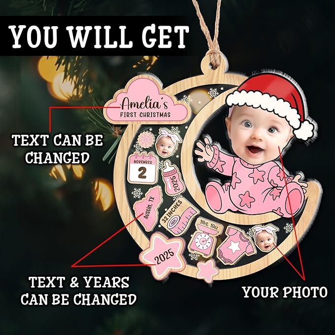 Personalized Baby's First Christmas Ornament 2025 - Custom Birth Stats Shaker Ornaments - Customized Photo Keepsake Ornaments - Xmas Tree Decoration - Gifts for Christmas