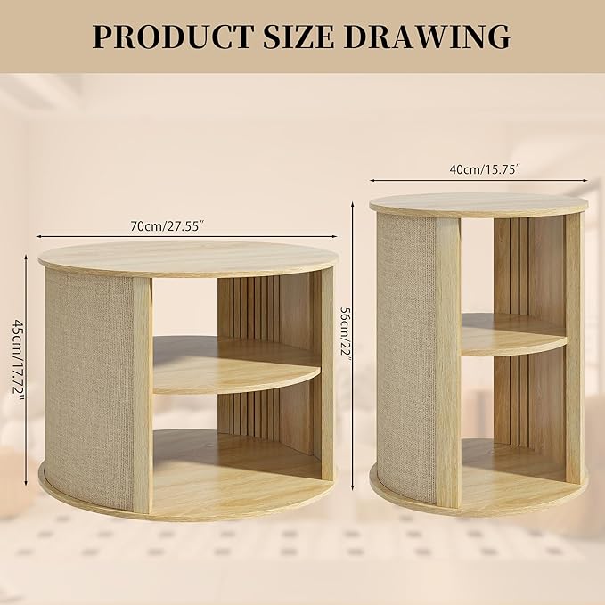 Wood Round Coffee Table Set of 3, 2-Tier Farmhouse Circle Center Coffee Table and End Table Sets with Adjustable Shelf, Sackcloth Finish, Boho, for Living Room, 27.5 Inches, Nature