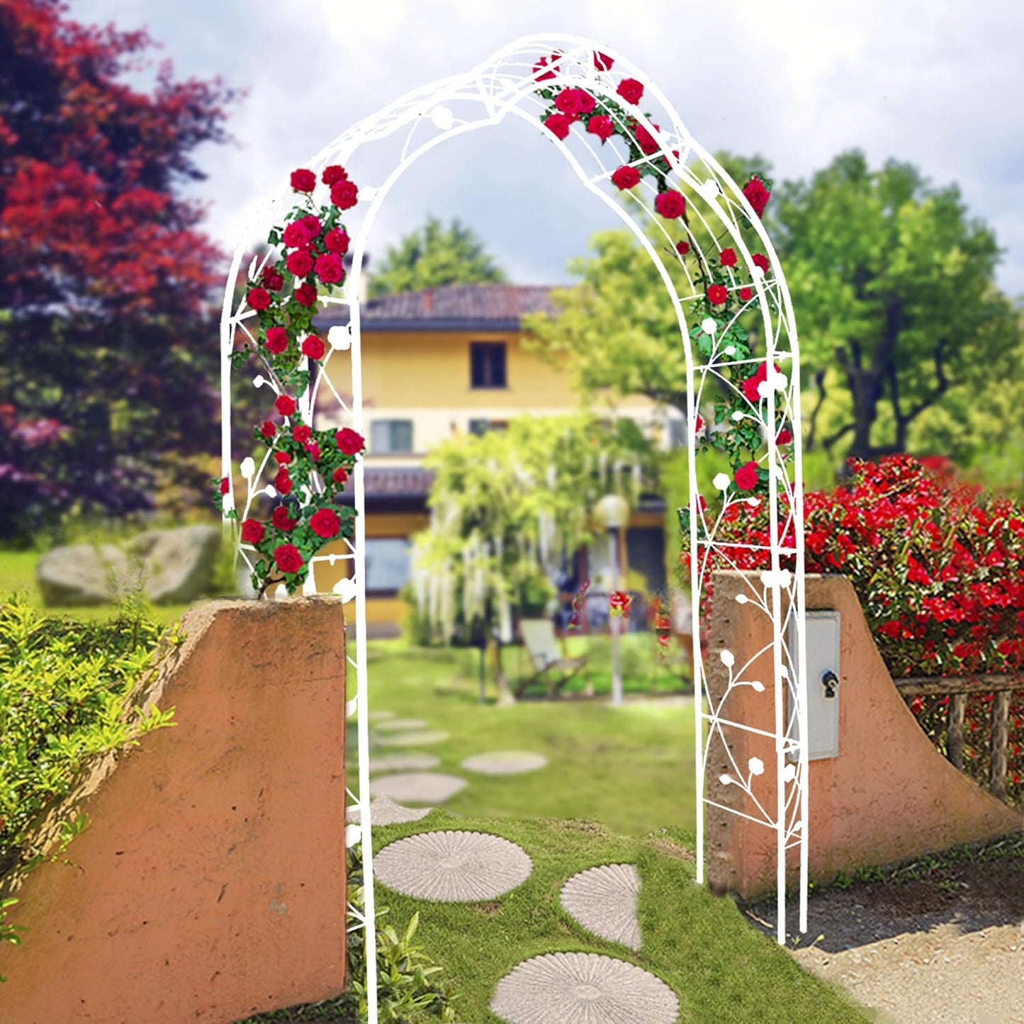 Metal Garden Arch 98.4" H Garden Arbor Trellis for Outdoor Climbing Plants Support Rose Lawn Tall Large Scale Event Arch(L, Cream White)
