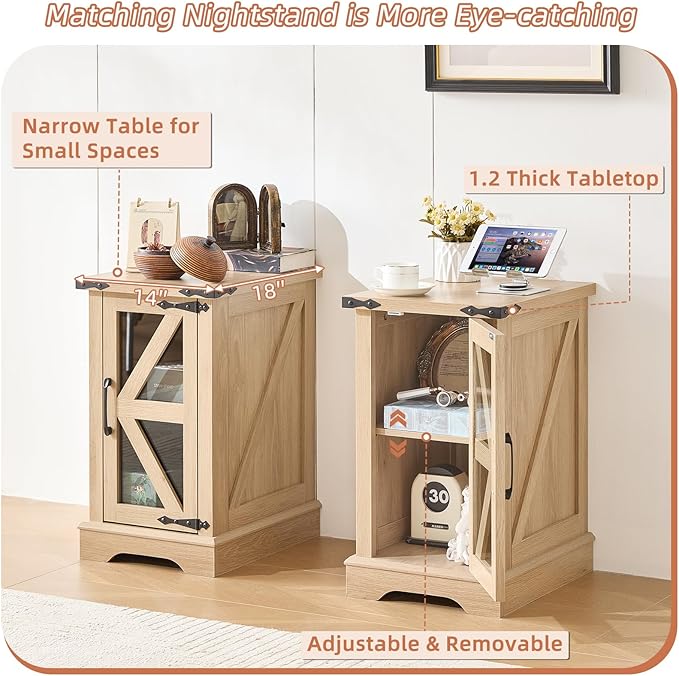 Narrow Night Stand for Small Spaces, Farmhouse Side End Table with Glass Barn Door Storage, Natural Wood Bedside Tables, Nightstand Cabinet Organizer for Living Room Bedroom