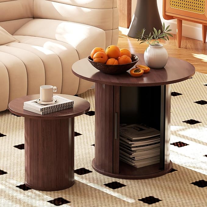 COSVALVE Nesting Coffee Table Set of 2 with Hidden Storage & Sliding Door, Circle Wood Coffee Table, Farmhouse Side & End Table Sets for Living Room, Small Spaces, Walnut