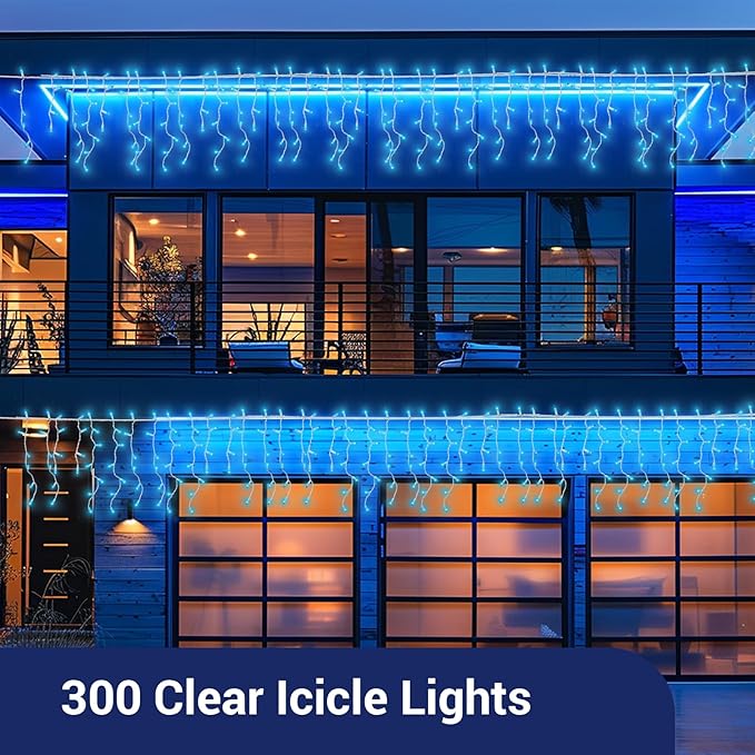 2 Pack New One Icicle Lights - 17.67 FT, 300 Incandescent Blue Drops with White Wire, 3 Connectable Strings, Holiday Party Lights