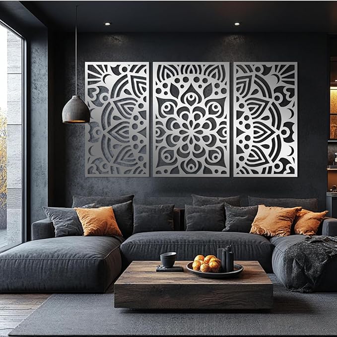 Mandala Metal Wall Art, Lotus Flower Metal Wall Decor, Bohemian Headboard Wall Decor, Scroll Wall Art, Mandala Wall Hanging for Living Room, Bedroom, Yoga Room (Black, 35"x20"/90x50cm)