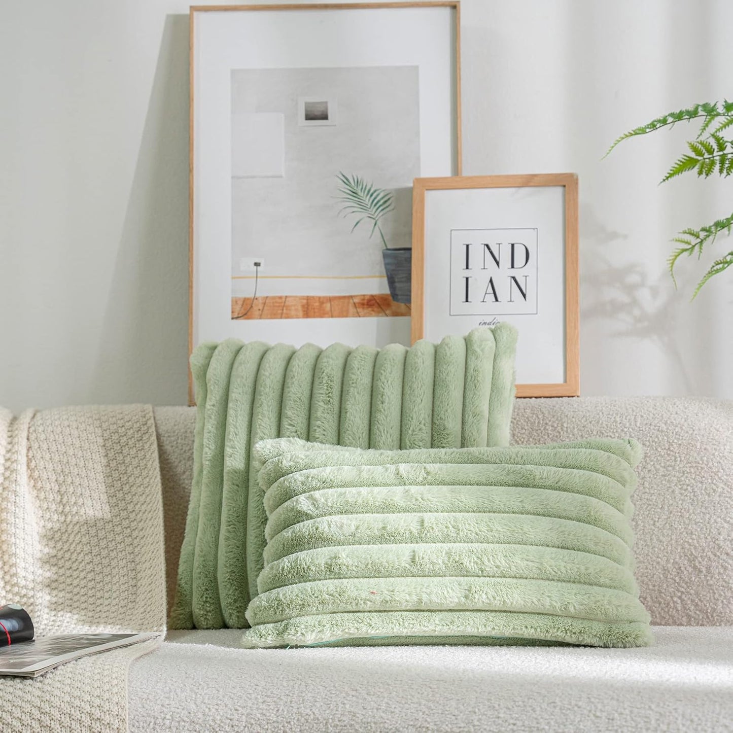 DEELAND Pack of 2,Double-Sided Faux Fur Plush Decorative Throw Pillow Covers Fuzzy Striped Soft Pillowcase Cushion Covers for Sofa Couch Bedroom Green 26x26 inch