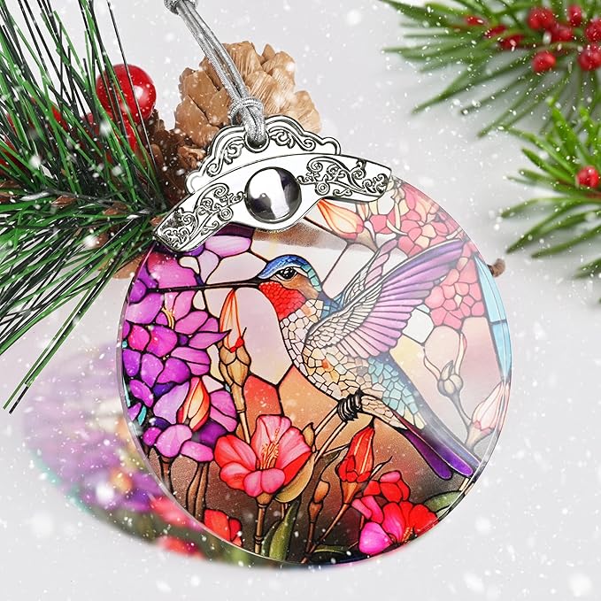 Christmas Ornament - Stained Glass Hummingbird Decor for Tree, Holiday Decorations and Xmas Gift Ideas