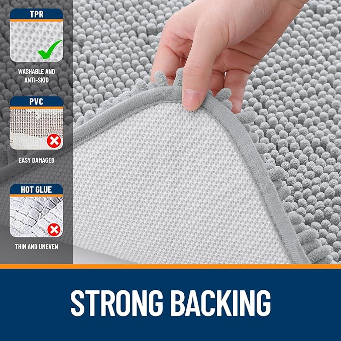 OLANLY Bathroom Rugs 47x20, Extra Soft Absorbent Chenille Bath Rugs, Rubber Backing Quick Dry, Machine Washable Bath Mats for Bathroom Floor, Tub and Shower, Home Decor Accessories, Light Grey