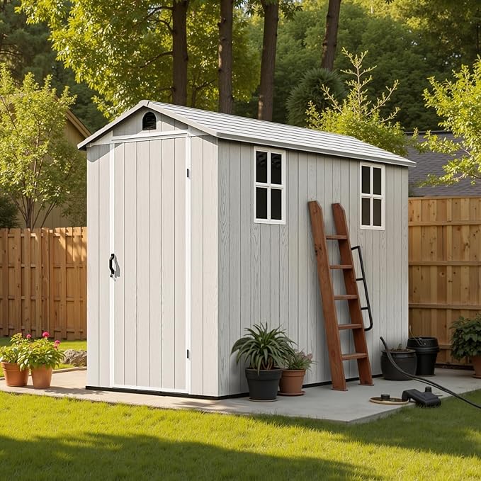 Patiowell 4 x 8 FT Plastic Outdoor Storage Shed with Floor, Garden Tool Shed with Two Windows and Single Lockable Door for Garden, Backyard, Lawn, Easy to Install, Light Grey