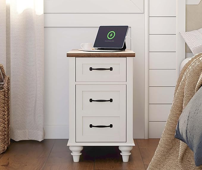 WAMPAT White End Table with Charging Station, Wood Side Table with 1 Drawer &1 Storage Cabinet, Mid Century Modern Nightstand with Power Outlets & USB Ports for Living Room, Bedroom