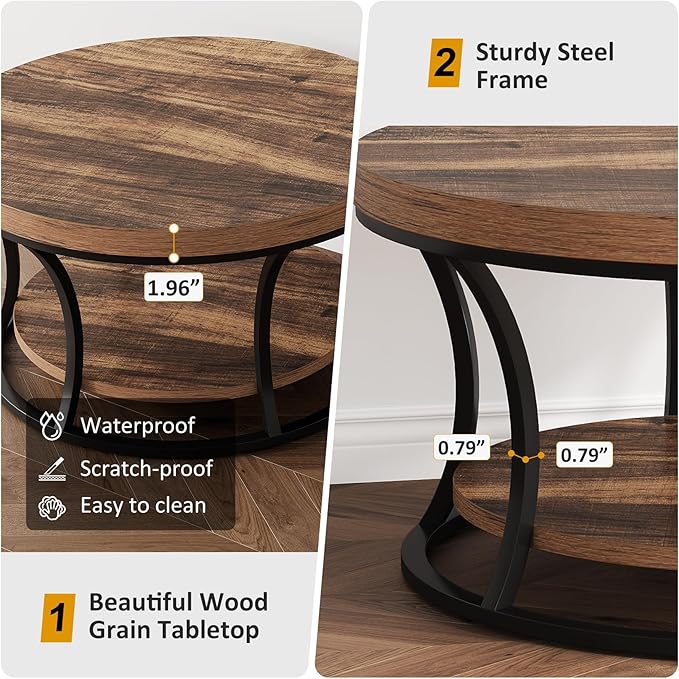 Round Coffee Table for Living Room, 2-Tier Circle Coffee Table with Storage, Accent Center Table Modern Design, Rustic Brown and Black
