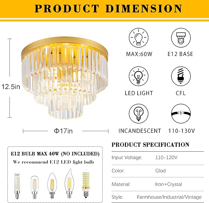 17" Crystal Flush Mount Chandelier 4-Lights Gold Crystal Ceiling Light 3-Tier Luxury K9 Dining Room Light Semi-Flush Ceiling Light for Bedroom Living Room Entryway Kitchen Island Hallway
