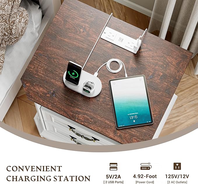 Farmhouse Nightstand with Charging Station, 18" Side Table with 2 Storage Drawers, Rustic Wood Night Stand with Metal Handle, Wooden Bedside End Table Small Dresser for Bedroom, Living Room, White